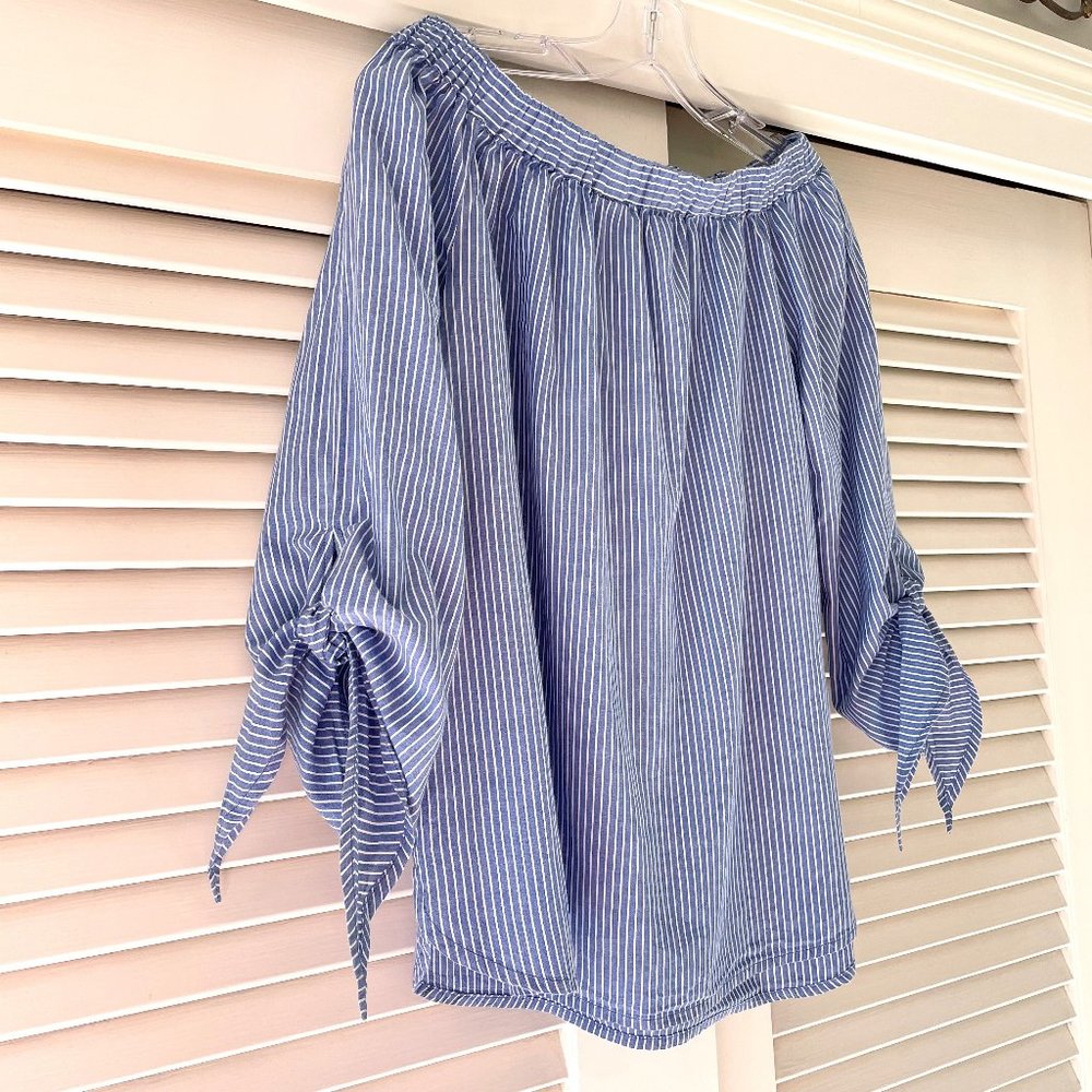 beachlunchlounge  Paige Blue Stripe Tie Bell Sleeve Off The Shoulder Top S - Picture 6 of 8